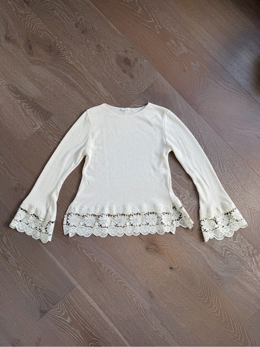 Zara NWT Ivory Lace Trim Knit Matching Set, Shirt and Pant, Large - Picture 6 of 11